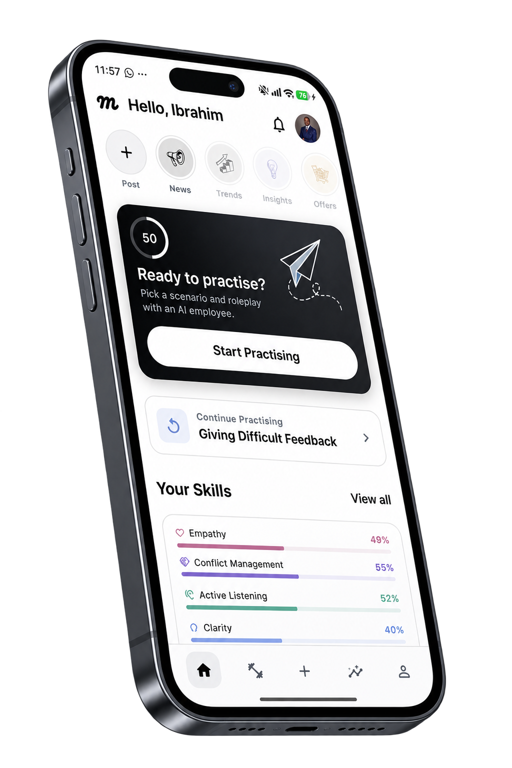 The Managely app home screen on an iPhone, showing today's practice prompt and skill progress.